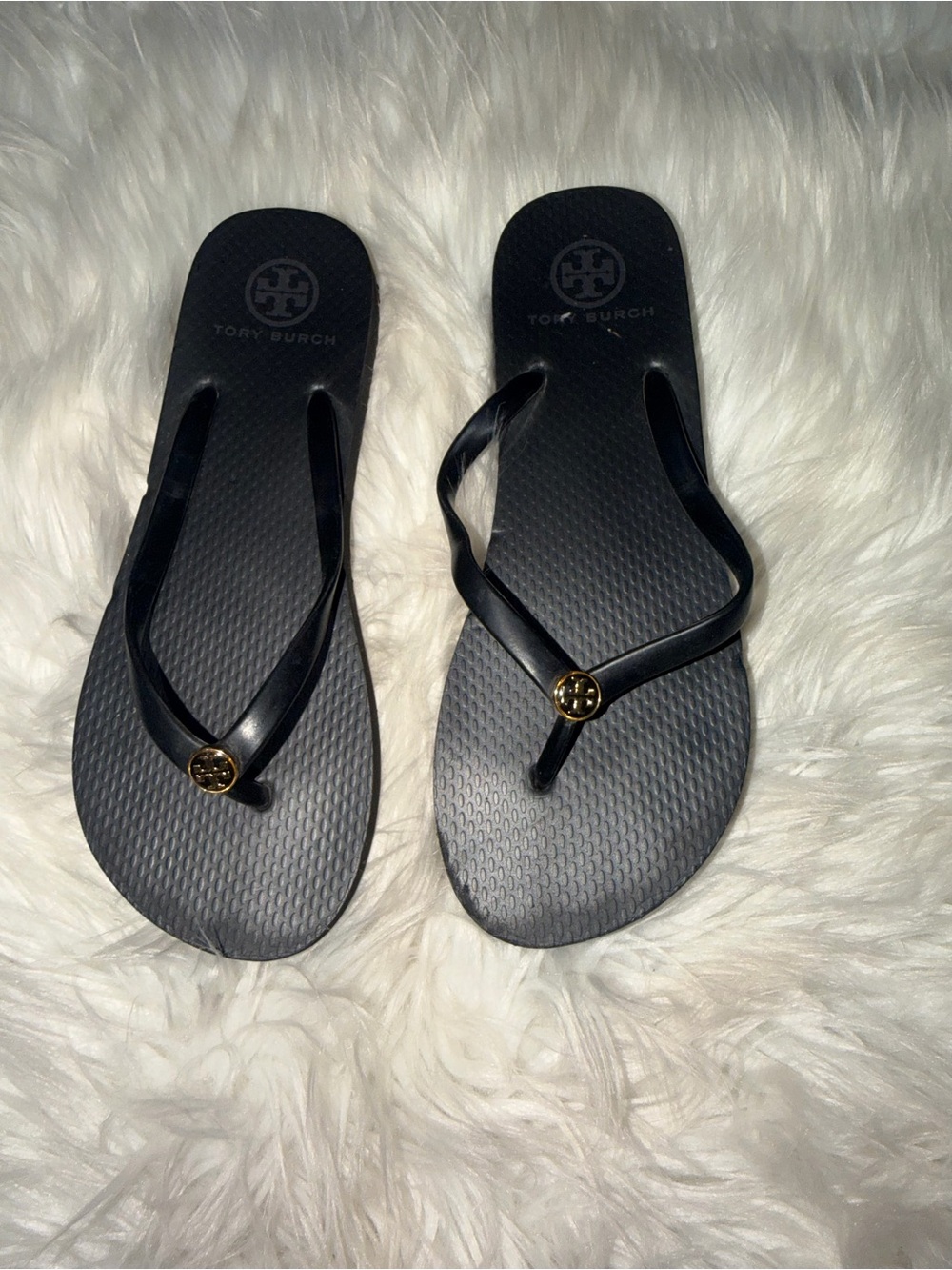 Tory Burch Black Flip Flop Sandals with Gold Logo Accent
